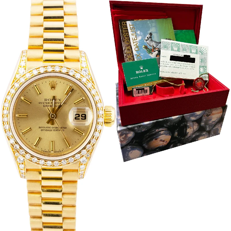 Men’s Watches with LED Display-Ladies Rolex DateJust President 26mm Champagne DIAMOND Gold Watch 69238 B+P