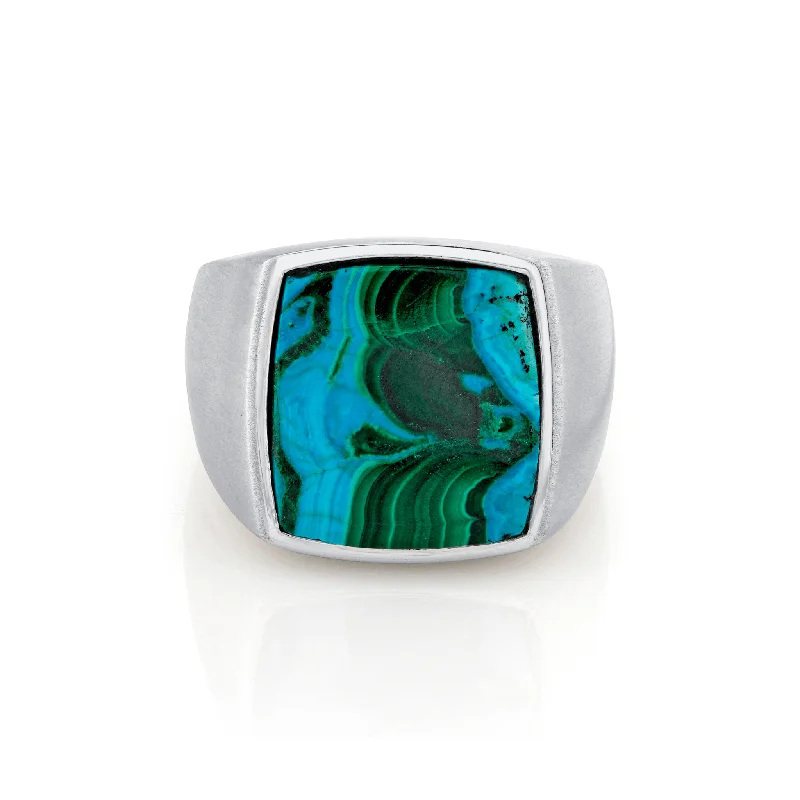 Rose Gold Solitaire Rings-Men's Chrysocolla Malachite Signet Ring