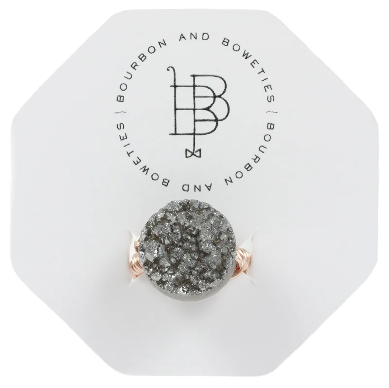 Simple Wedding Rings for Women-Grey Round Druzy on Rose Gold Ring