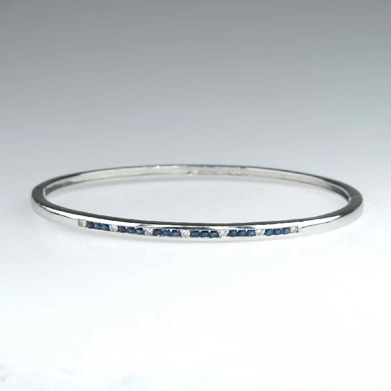 Silver Birthstone Bracelets-Sapphire and Diamond Hinged Bangle Bracelet in 14K White Gold