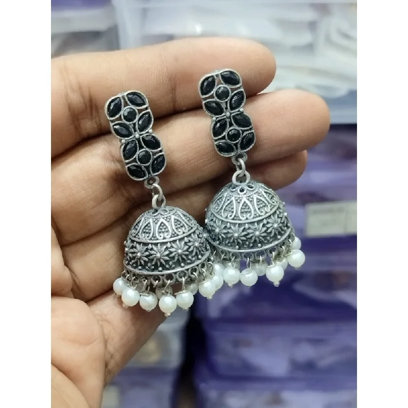 Bohemian Earrings for Festivals-Akruti Collection Oxidised Plated Pota Stone Jhumki Earrings