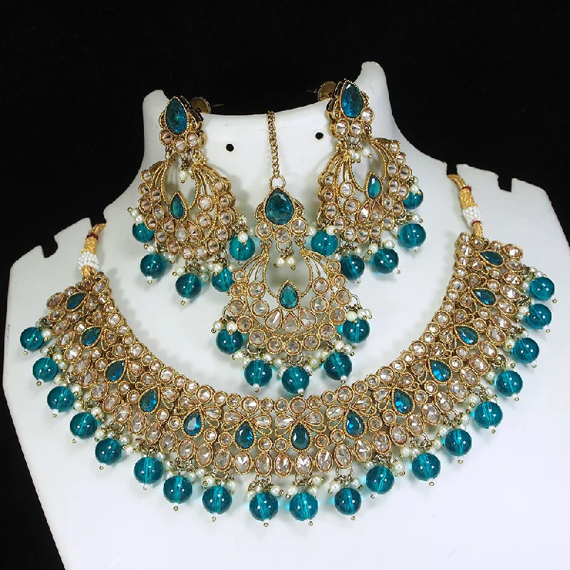 Fashionable Layered Necklaces-LALSO Designer Mehendi Gold plated AD/Zircon Work Necklace Jewelry Set With Maangtika