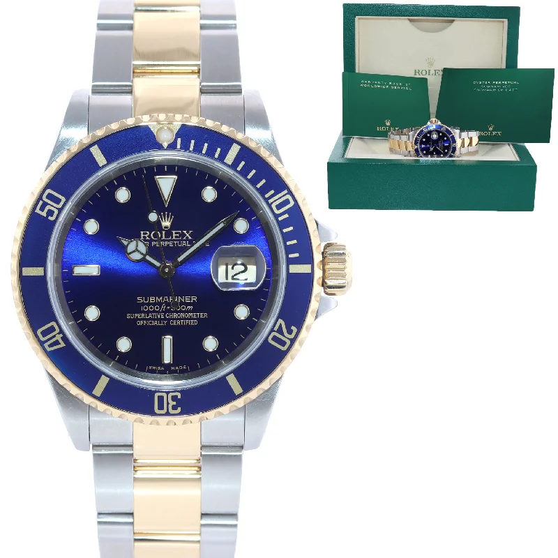 Women’s Watches with Date Function-2002 Rolex Submariner 16613 Two Tone Steel Yellow Gold Blue Sunburst 40mm Watch