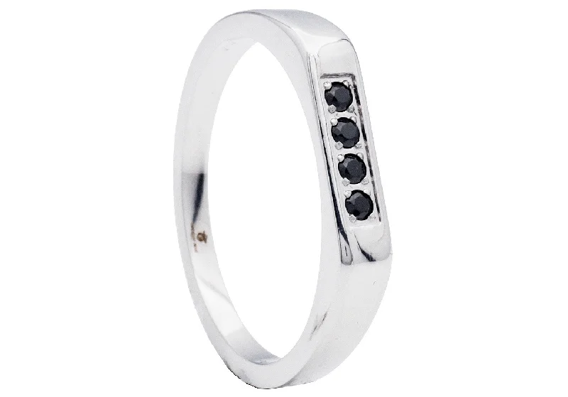 Handcrafted Wedding Rings-Men's Stainless Steel Ring with Black Cubic Zirconia Bar