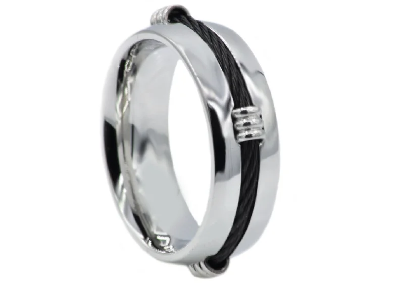 Luxury Engagement Rings for Women-Mens Stainless Steel Band Ring with Black Wire