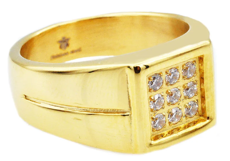 Stylish Gemstone Rings-Mens Gold Stainless Steel Ring With Cubic Zirconia