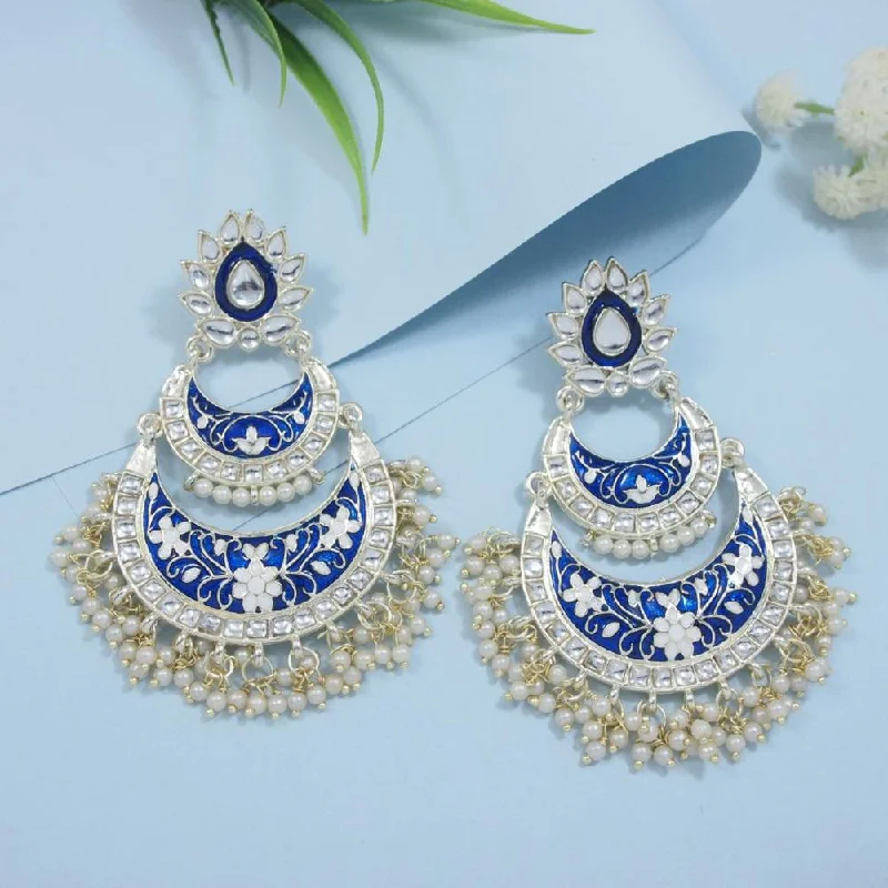 Custom Metal Earrings-Etnico Gold Plated Traditional Meenakari Kundans & Pearls Earrings For Women (E3003Bl)