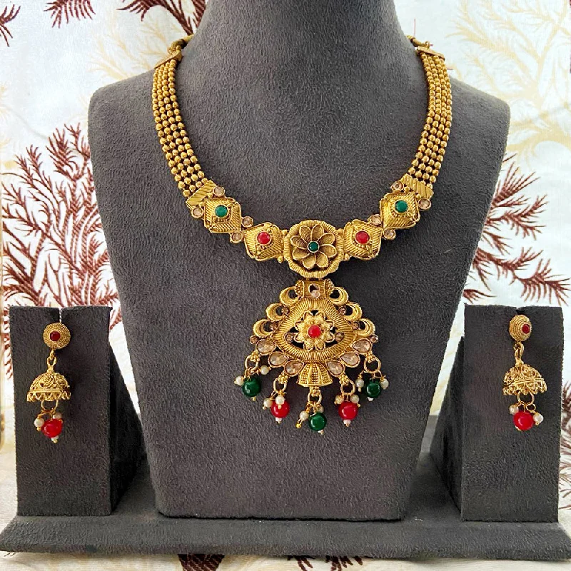 Silver Heart Pendant Necklaces-India Art Gold Plated Pota Stone And Beads Necklace Set