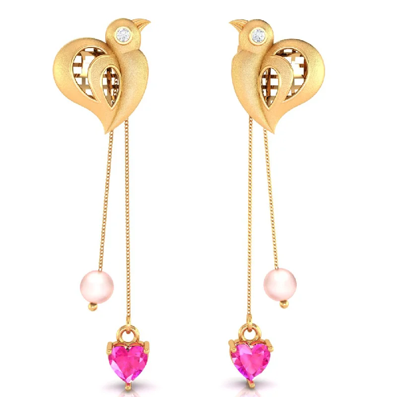 Sparkling Gem Earrings-Birds With Pink Hearts And Balls 22k Gold Diamond Earrings