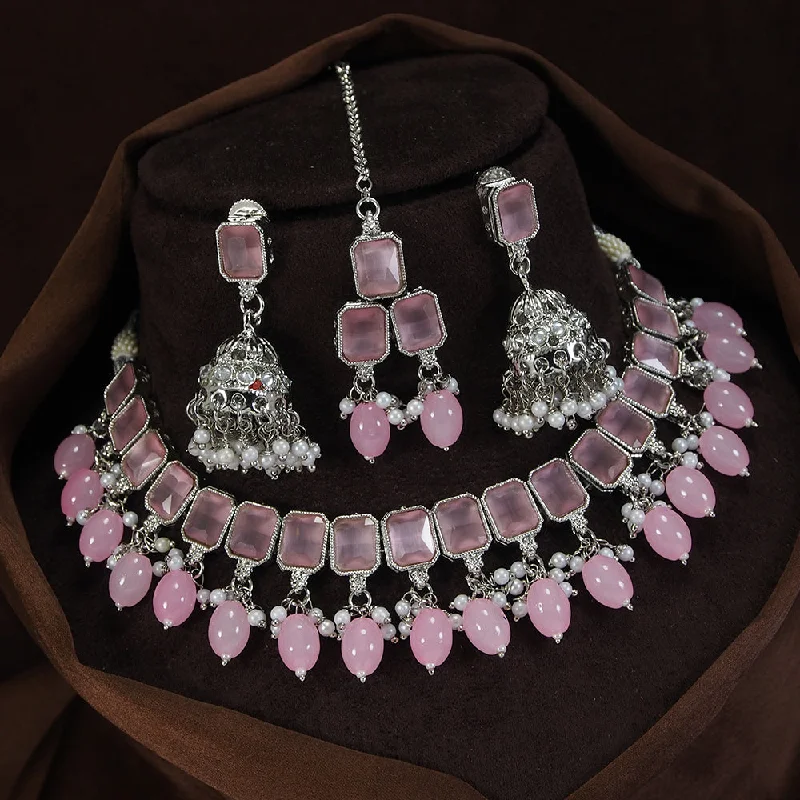 Silver Feather Necklaces-LALSO  Rhodium plated Necklace Jewelry Set With Maangtika