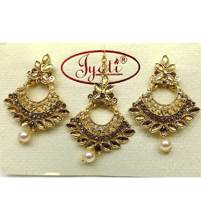 Elegant Crystal Earrings-Tip Top Jewellers Gold Plated Austrian Stone And Pearl Earrings With Mangtikka