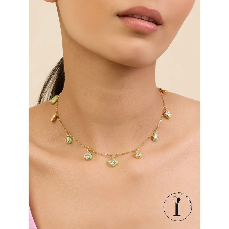 Designer Heart Necklaces-Isharya Green Fixed Charm in 18Kt Gold Plated Necklace