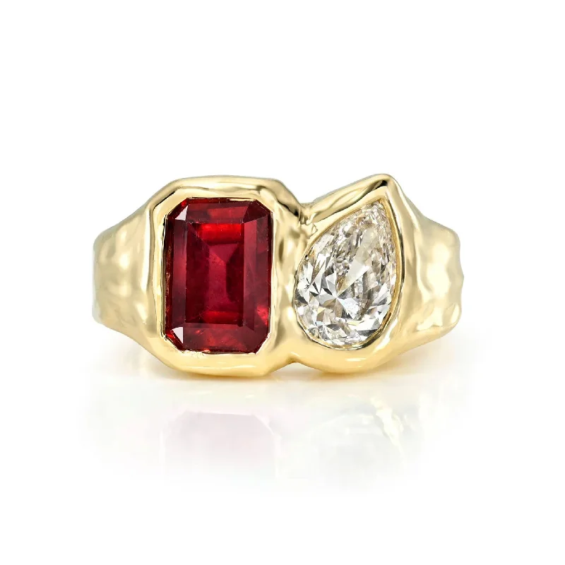 Vintage Silver Engagement Rings-Toi Et Moi River Ruby and Diamond Ring