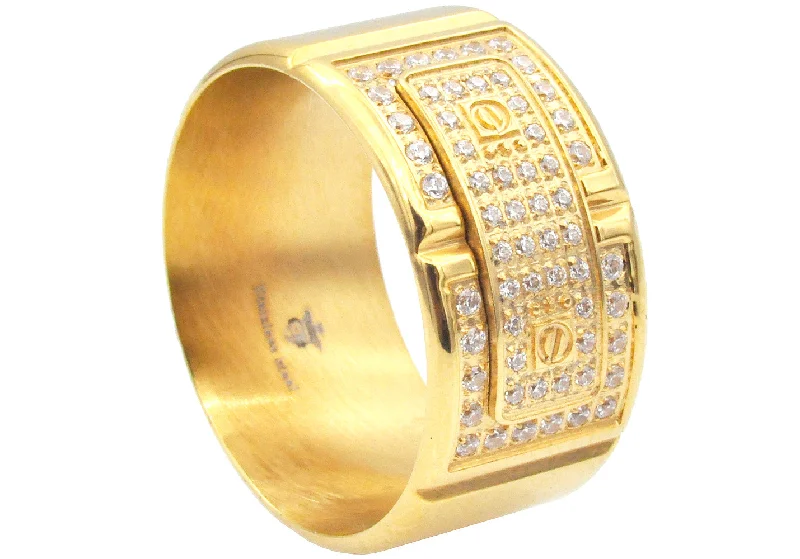 Handcrafted Engagement Rings-Mens Gold Plated Stainless Steel Ring With Cubic Zirconia