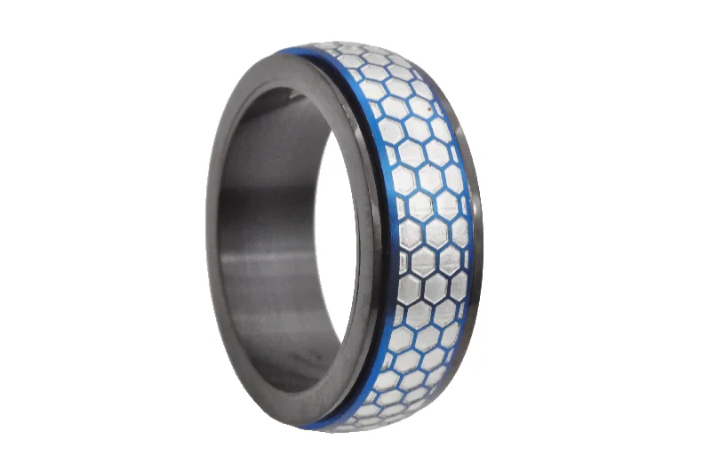 Custom Oval Diamond Rings-Mens Black And Blue Honey Comb Textured Stainless Steel Spinner Band