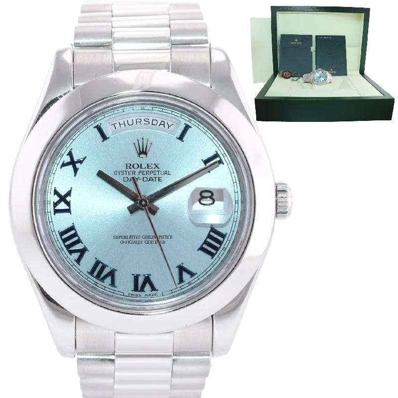 Minimalist Black Watches-2015 Rolex Day-Date 41mm Glacier Blue Roman Platinum President 218206 Watch Box