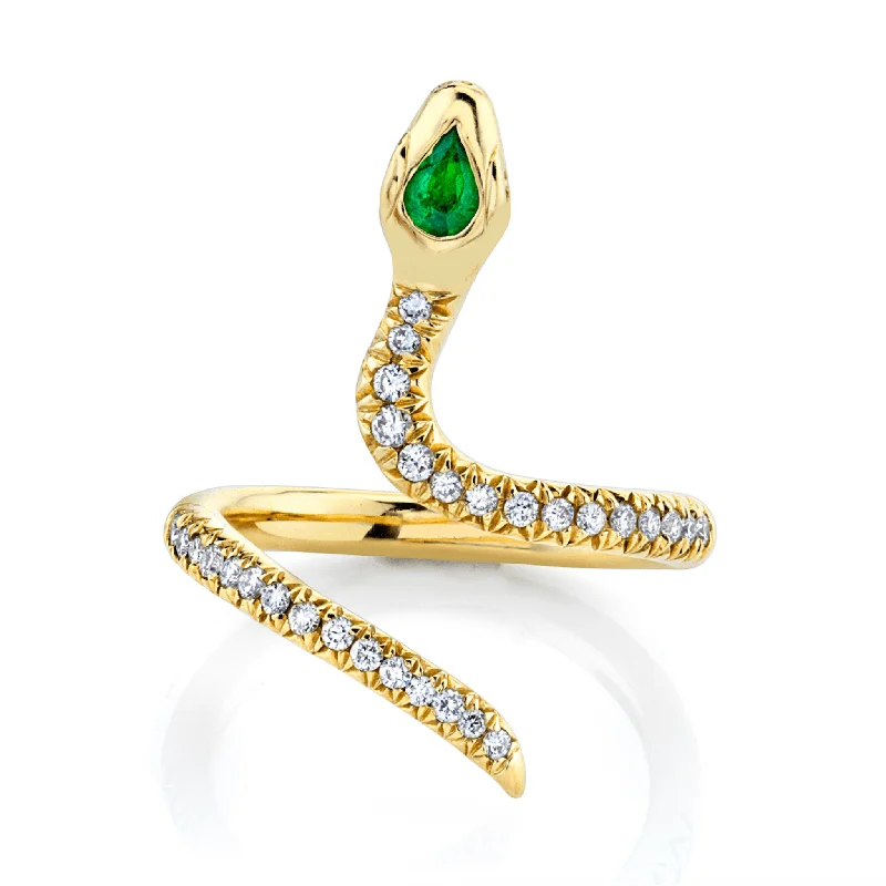 Simple Gold Rings for Women-Kundalini Shakti Ring with French Pavé Diamonds with Emerald Head | Ready to Ship