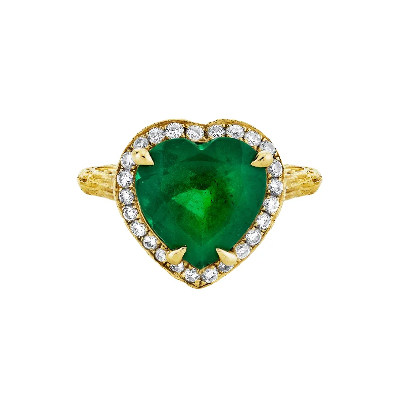 Custom Signet Rings-18k Premium Colombian Emerald Heart Queen Ring with Full Pavé Diamond Halo