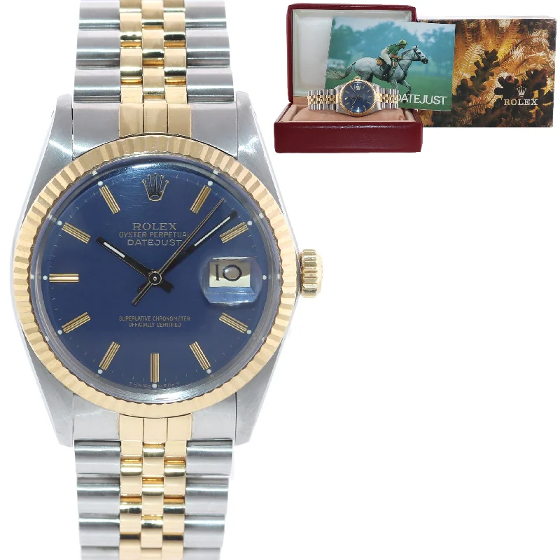 Water-Resistant Men’s Watches-Rolex DateJust 36mm 16013 Two Tone 18k Gold Jubilee Blue Dial Watch Box