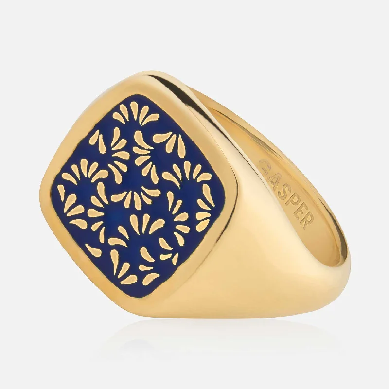 Handcrafted Engagement Rings-Floral Signet Ring - Blue