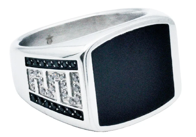 Green Gemstone Rings-Men's Stainless Steel Square Onyx Ring With Black & White Cubic Zirconia