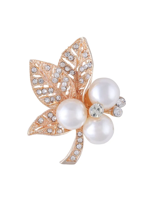 Classic Brooch with Diamond Detail-Sparkling Diamond & Pearl Leaf Shape Brooch