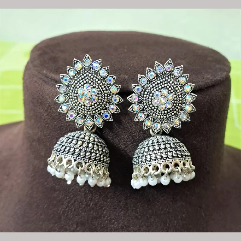 Oval Gemstone Earrings-H K Fashion Oxidised Plated Austrian Stone And Beads Jhumki Earrings