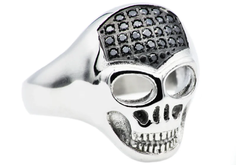 Fashion Rings for Women-Mens Stainless Steel Skull Ring With Black Cubic Zirconia