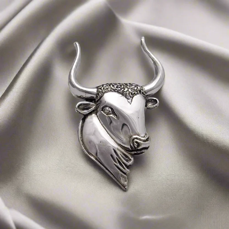 Customizable Enamel Brooch-Minoan Head of Taurus Brooch in Sterling Silver (K-70)