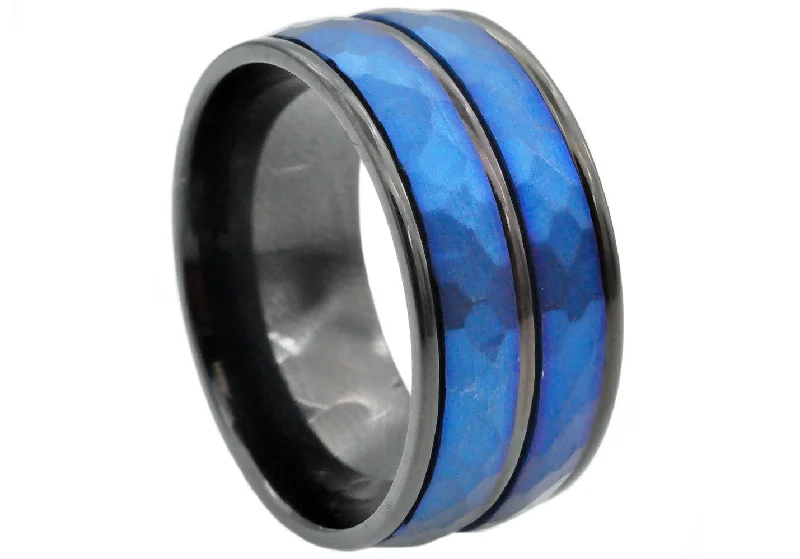 Green Gemstone Rings-Mens 10mm Black And Blue Stainless Steel Hammered Ring