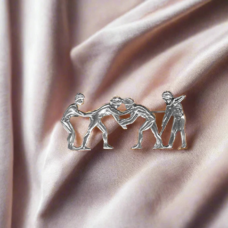 Retro Brooch with Pearl Detail-Greek Olympic Wrestles Brooch in Sterling Silver (K-74)