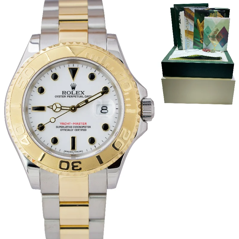 Minimalist Design Watches for Women-2009 Rolex Yacht-Master 16623 White 40mm 18K Two Tone Gold Steel Date Watch B+P