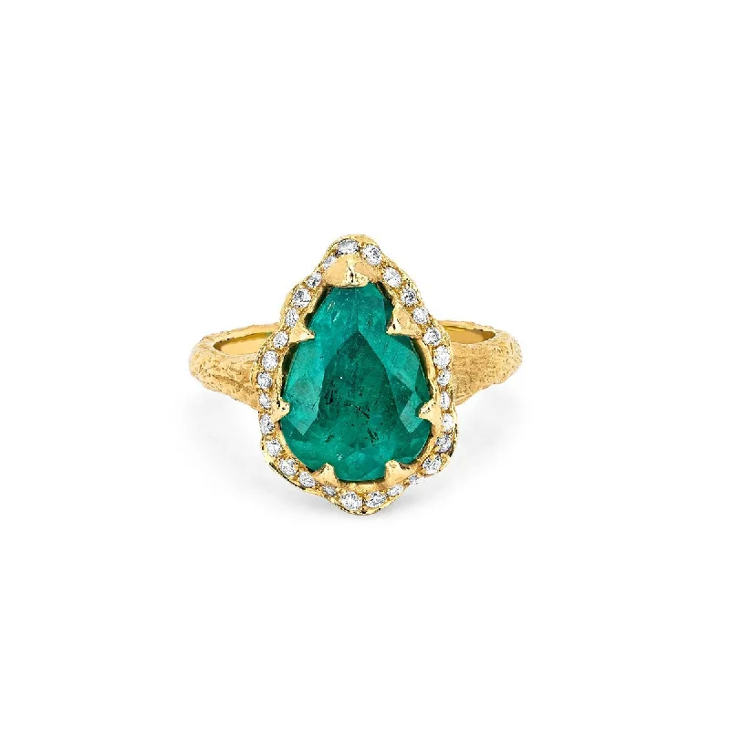 Silver and Diamond Rings-18k Medium Premium Water Drop Colombian Emerald Queen Ring with Full Pavé Diamond Halo