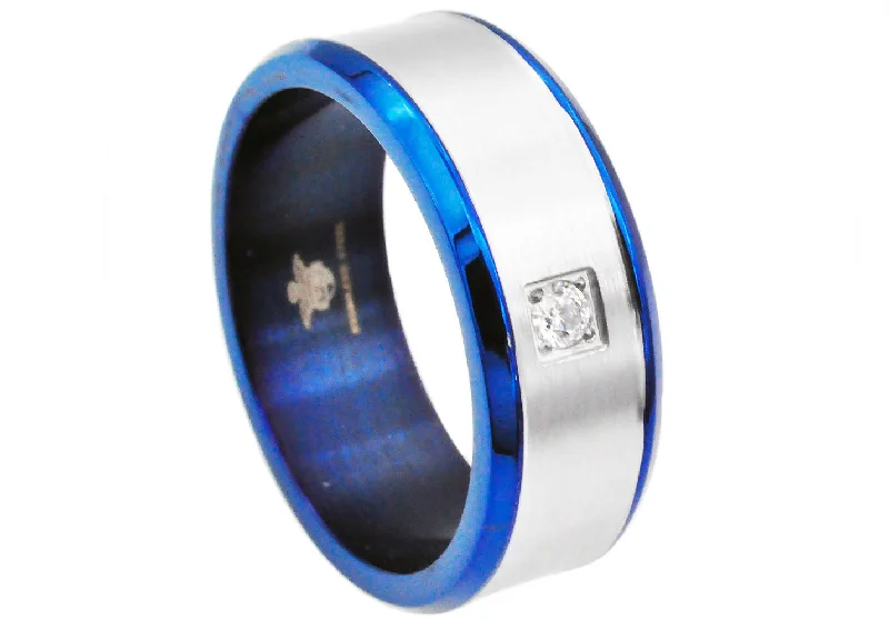 Handcrafted Wedding Rings-Mens Brushed Stainless Steel Band Ring With Cubic Zirconia And Blue Plated Edge