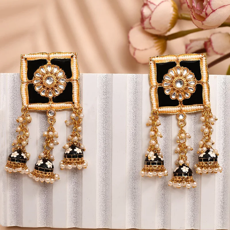 Mixed Metal Earrings-Shagna Gold Plated Kundan Stone And Meenakari Jhumki Earrings