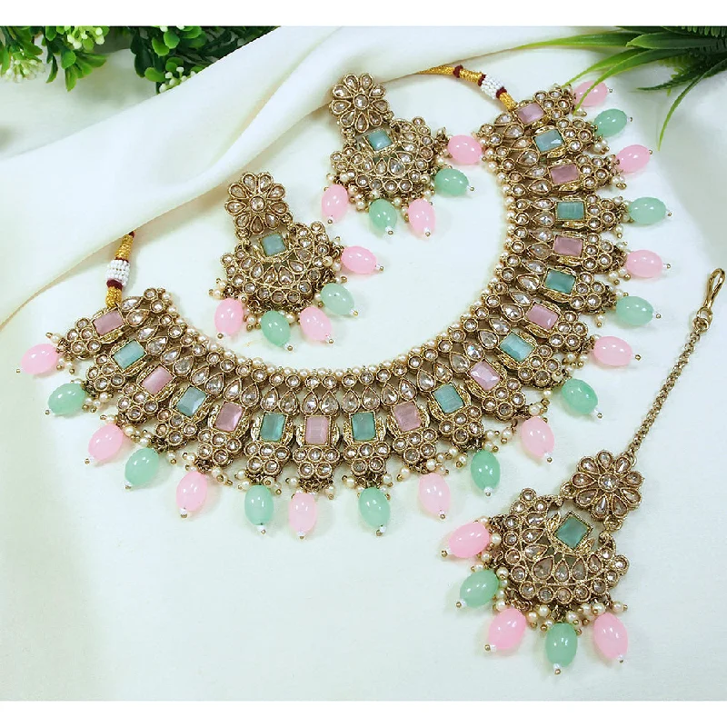 Artistic Necklaces for Women-LALSO Designer  Gold plated Zircon Work Necklace Jewelry Set With Maangtika