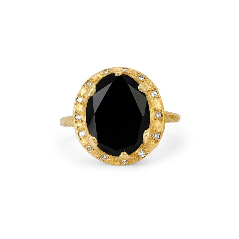 Simple Promise Rings-Queen Oval Onyx Ring with Sprinkled Diamonds