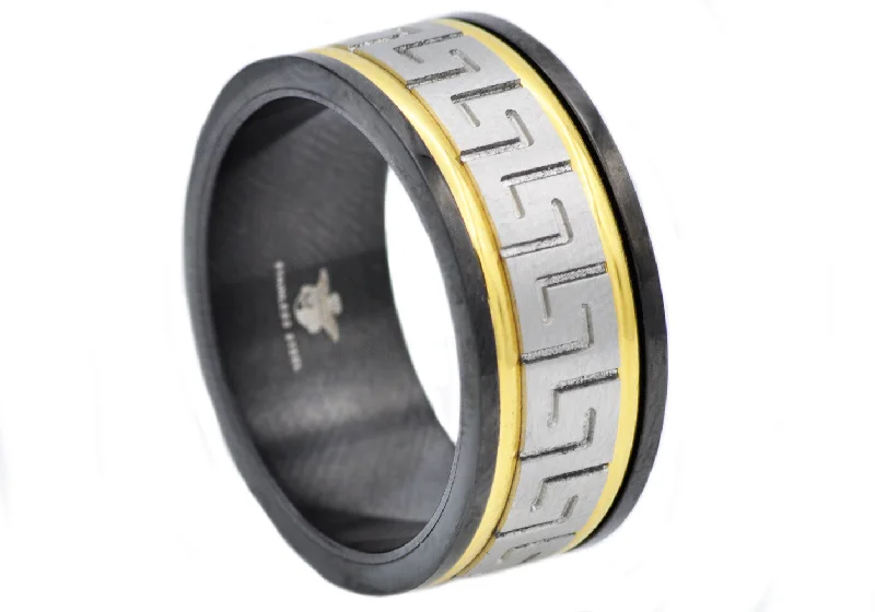 Custom Name Rings-Mens Gold And Black Stainless Steel Ring