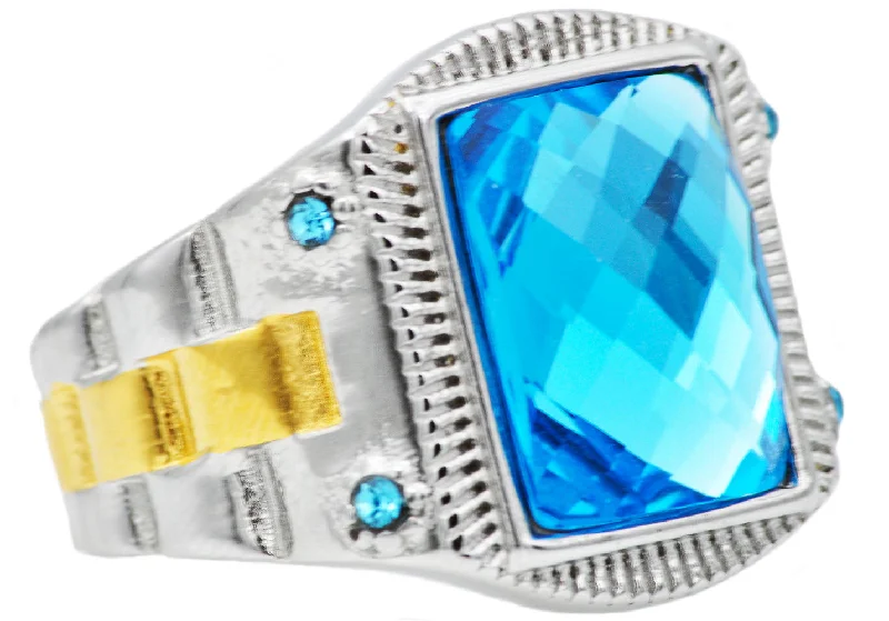 Platinum Wedding Rings for Women-Mens Genuine Blue Swarovski Crystal And Gold Stainless Steel Ring With Blue Cubic Zirconia