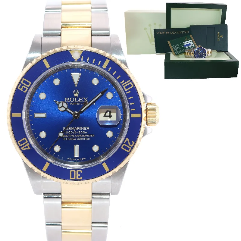 Custom Watch with Initials-2008 Papers Rehaut Rolex Submariner 16613 Gold Steel Blue Watch Box Gold Buckle