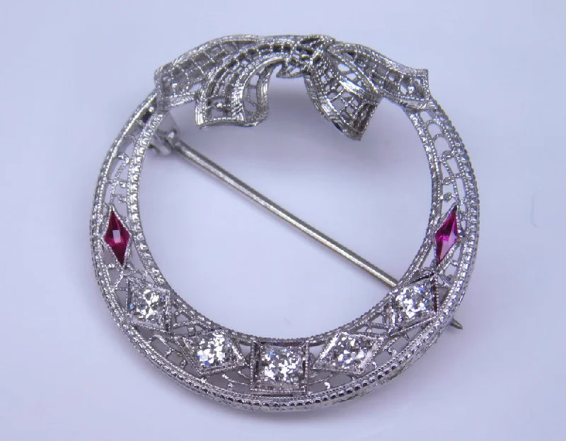 Unique Gemstone Brooch for Women-14K ART DECO DIAMOND AND RED GLASS WREATH BROOCH