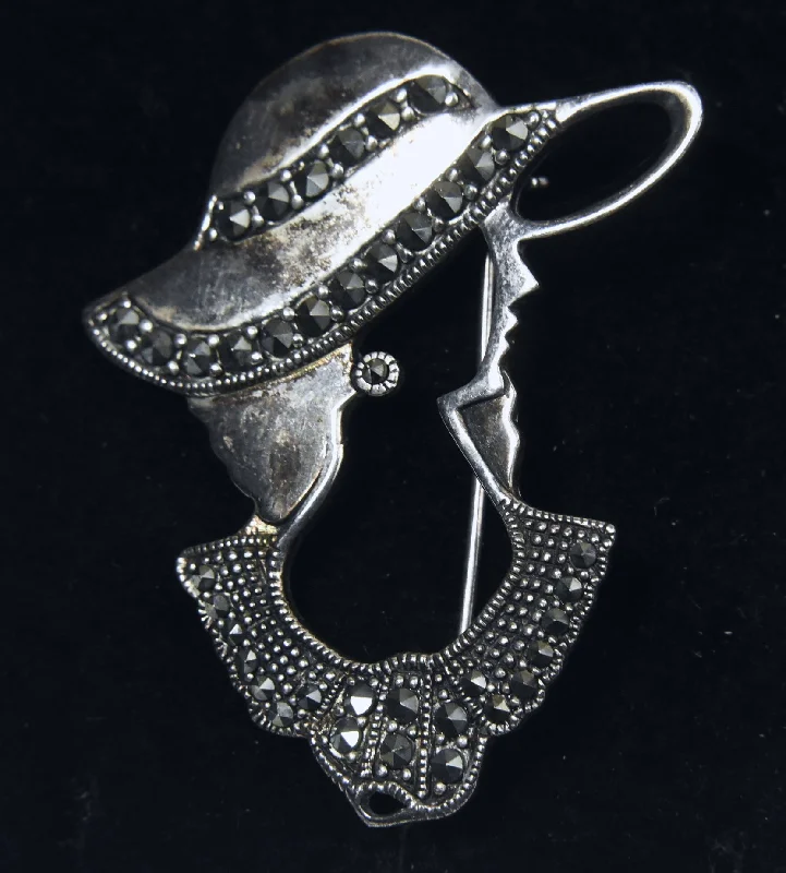 Elegant Brooch with Gold Detailing-Vintage Sterling Silver and Marcasite Female with Hat Brooch