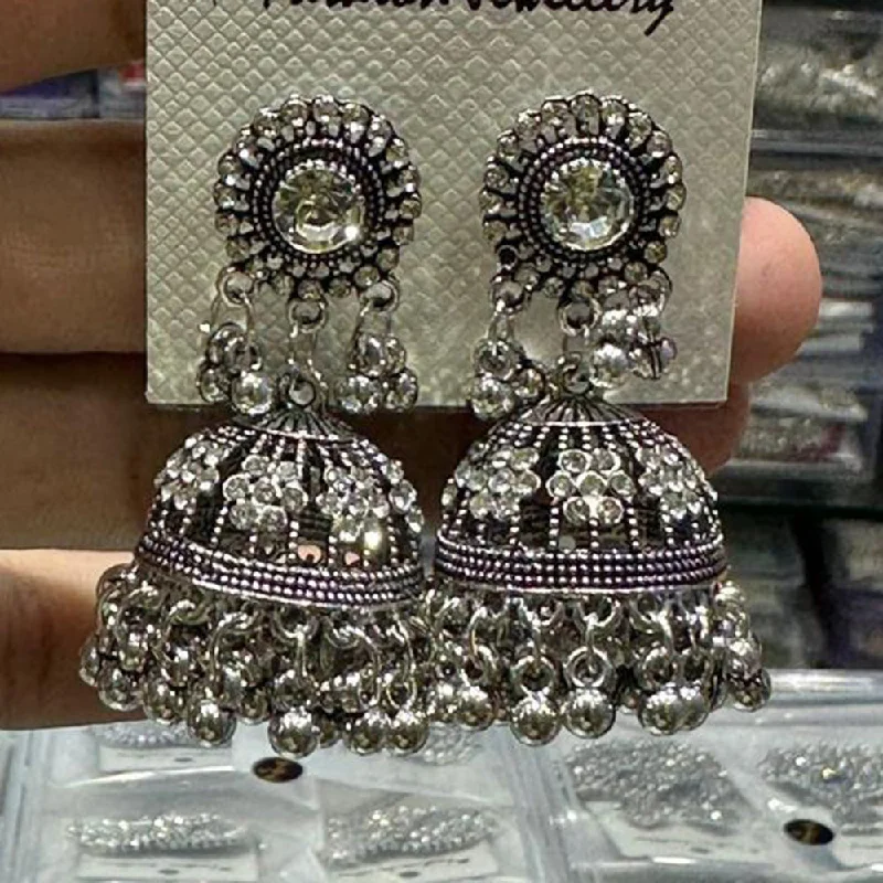 Art Deco Earrings-Manisha Jewellery Oxidised Plated Austrian Stone Jhumki