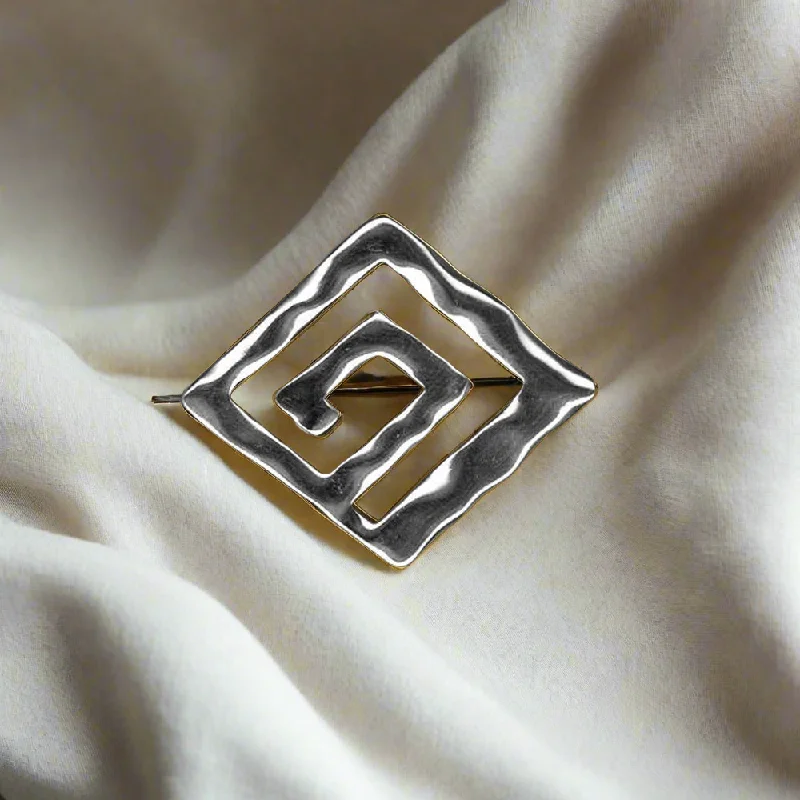 High-End Brooch for Formal Occasions-Greek Key Meander Brooch in Sterling Silver (K-65)