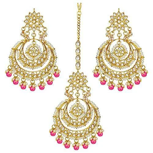 Small Hoop Earrings-Etnico Traditional Gold Plated Wedding Chandbali Kundan & Pearl Earring Set With Maang Tikka for Women (TE7077Q)