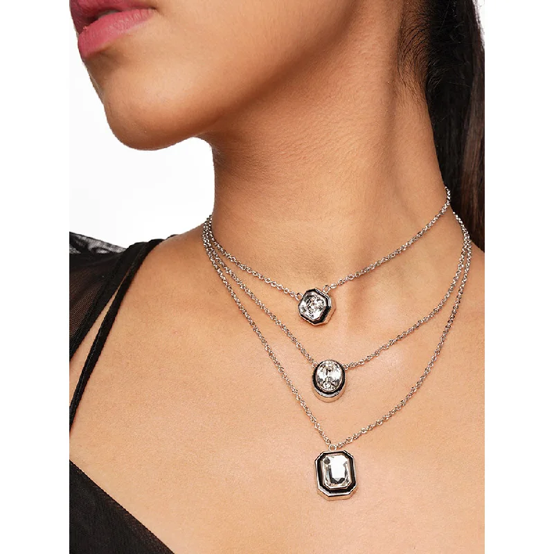 Unique Gemstone Necklaces-Isharya Bougie Crystal Layered Necklace In Rhodium Plated