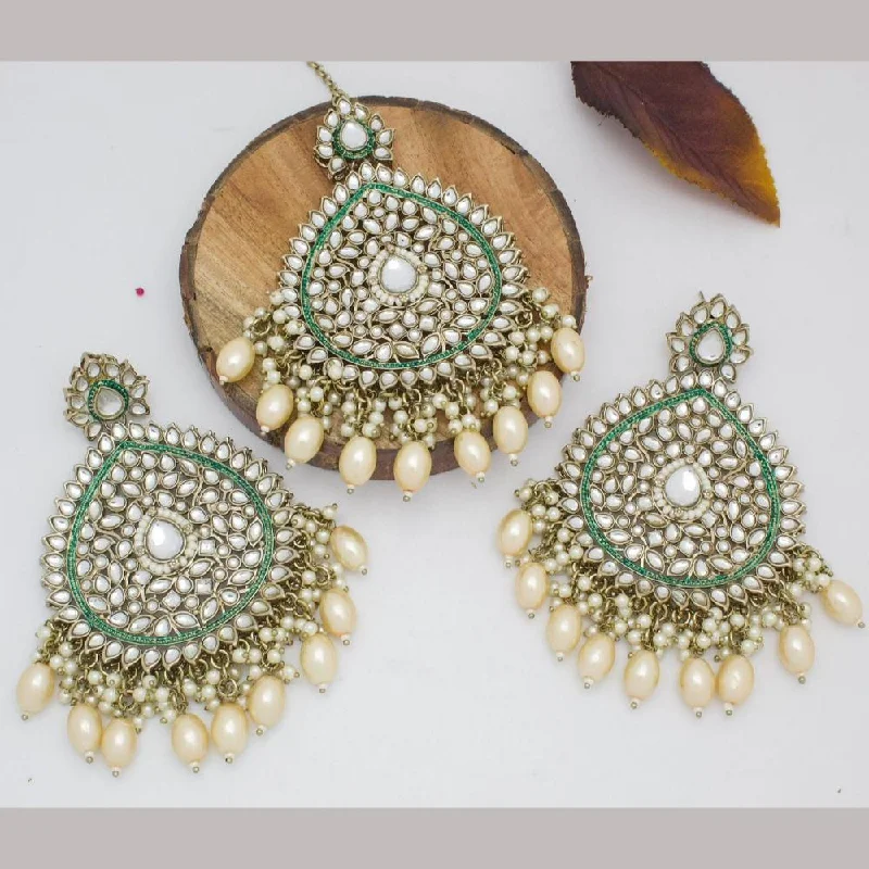 Bright Gemstone Earrings-Manisha Jewellery Gold Plated Kundan Stone And Beads Earrings With Maangtikka