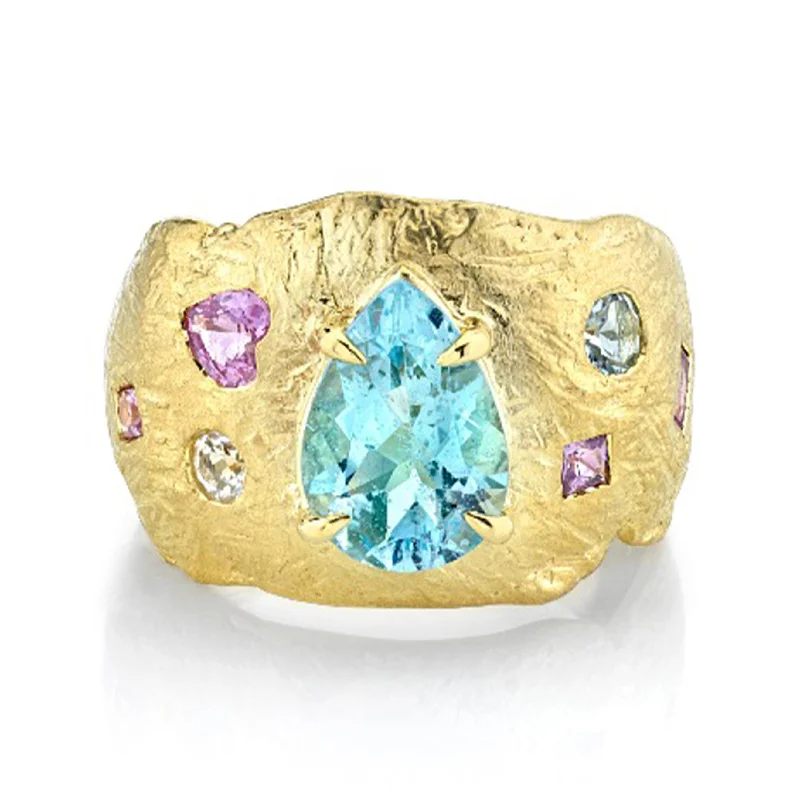 Natural Stone Rings-18k Atlantis Water Drop Aquamarine Ring with Pink Sapphire and Moonstone