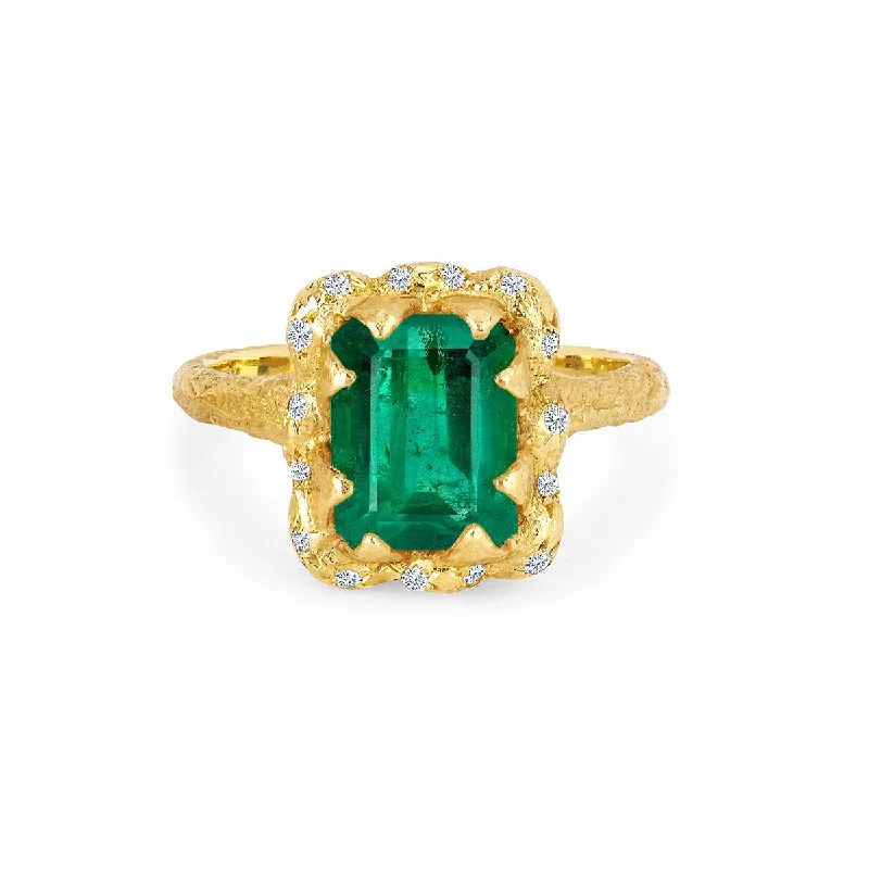 Bold Gold Rings-18k Queen Emerald Cut Emerald Ring with Sprinkled Diamonds