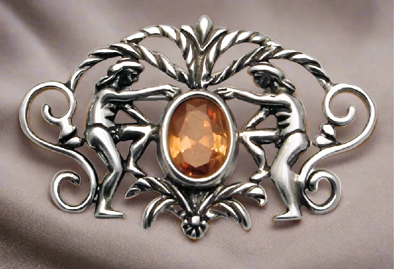 Antique Vintage Brooch-Greek Traditional Brooch in Sterling Silver with Zircon (K-19)